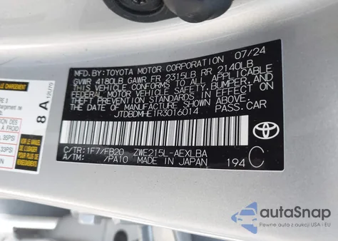 2024 Toyota Corolla Hybrid Le from USA, damaged, VIN JTDBDMHE1R3016014